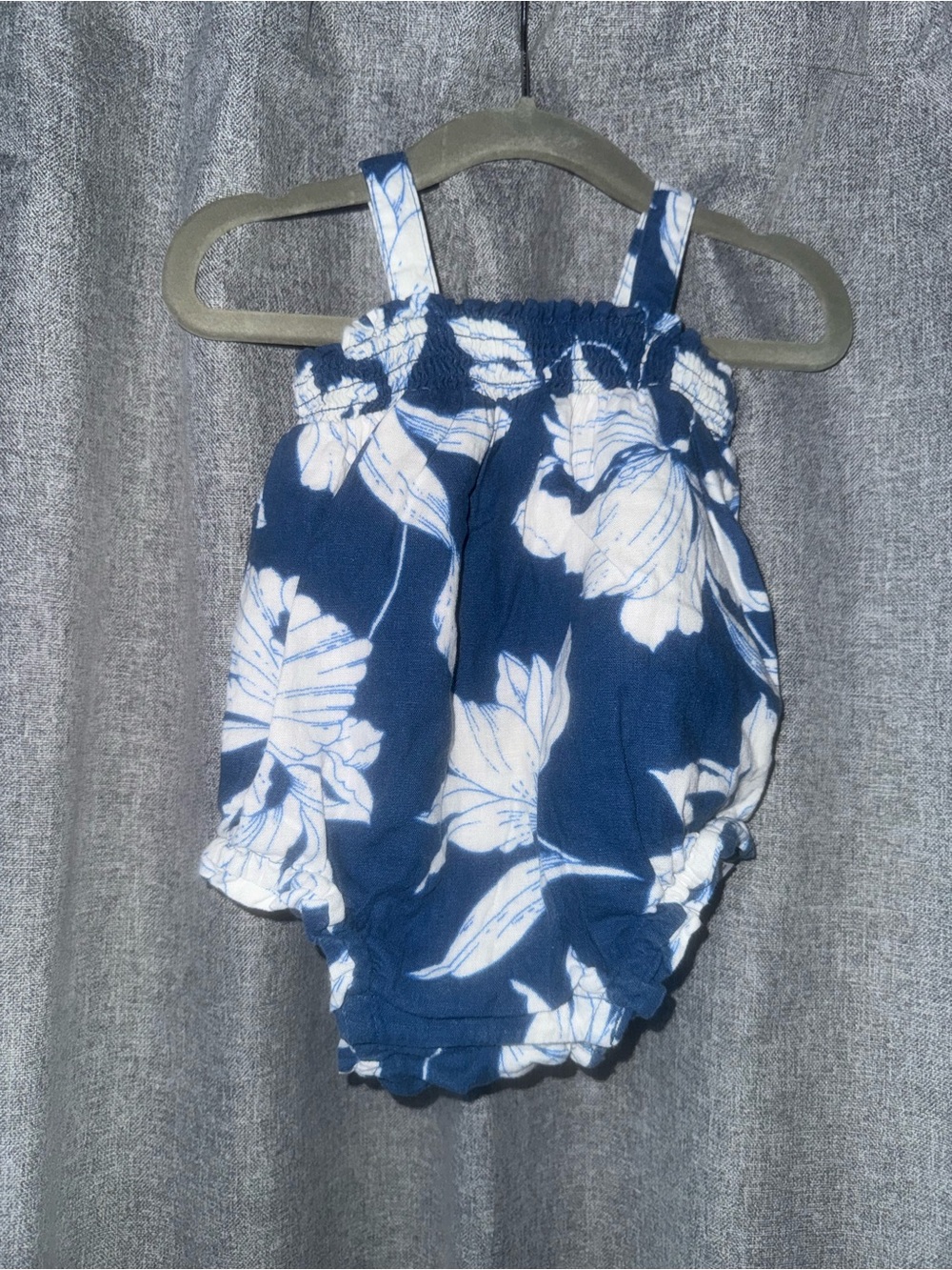 GAP Navy Blue and White Floral Smocked Baby Onsie with Matching Hat
